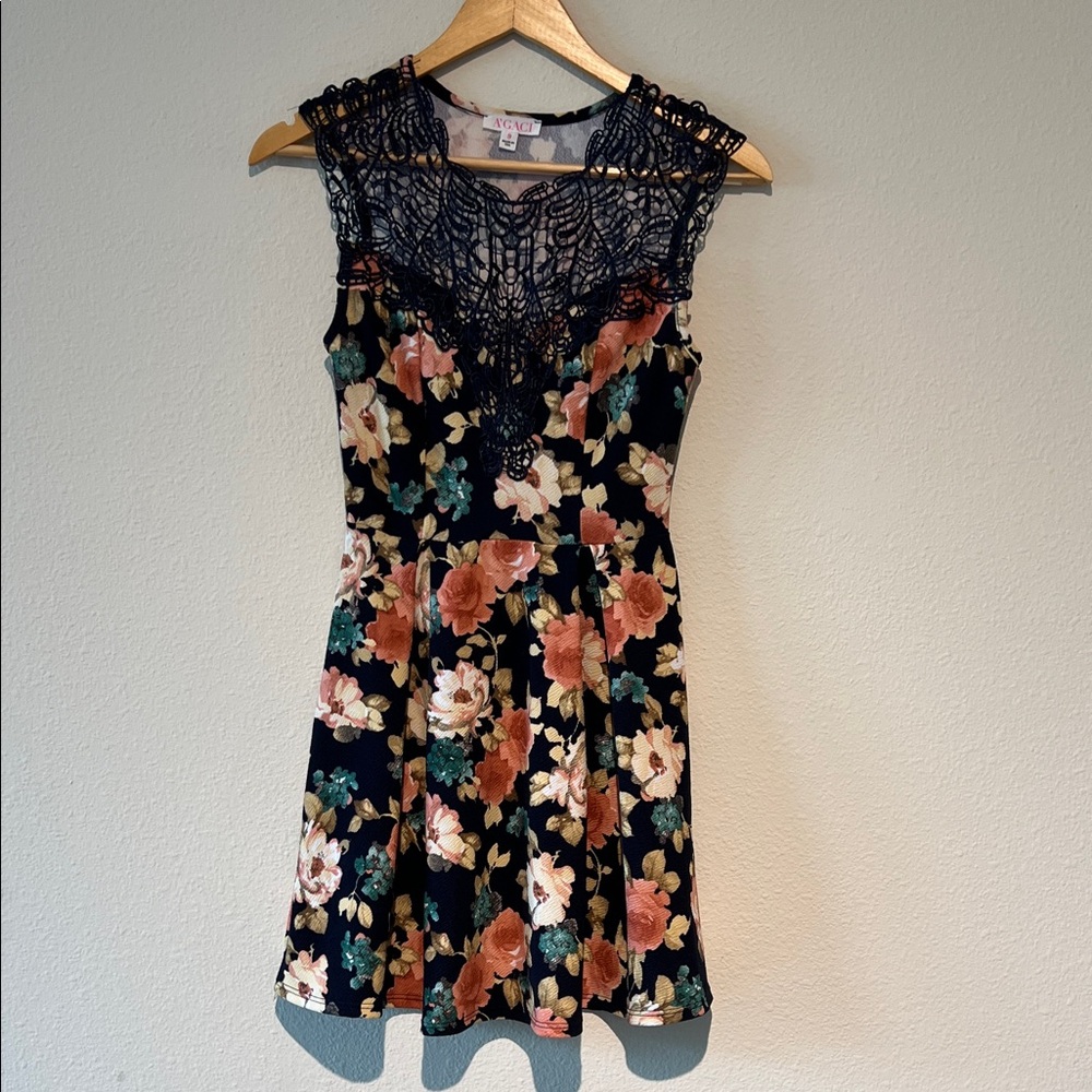 a'gaci Navy and Multicolor Floral Mini Dress Size S